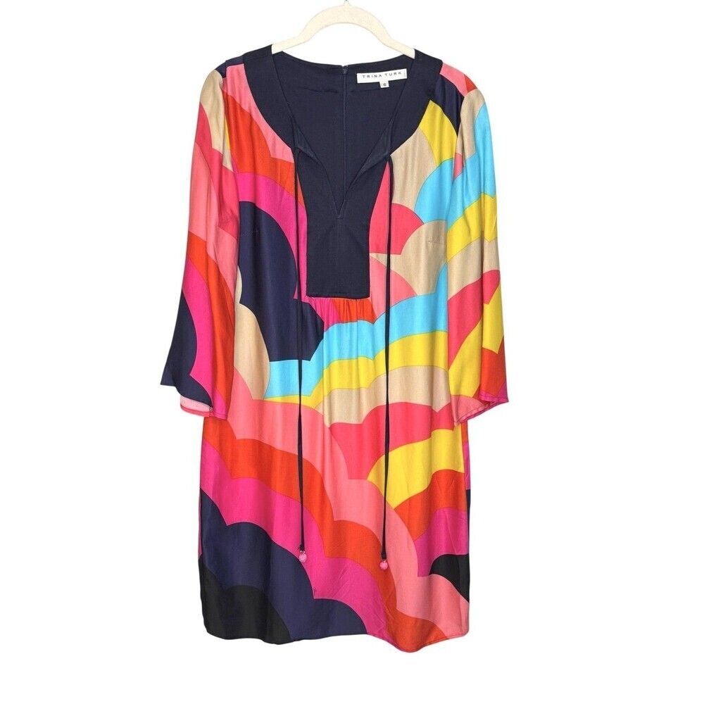 Trina Turk Dress Womens 6 Multicolor Geometric Shift Tassel V Neck 3/4 Sleeve